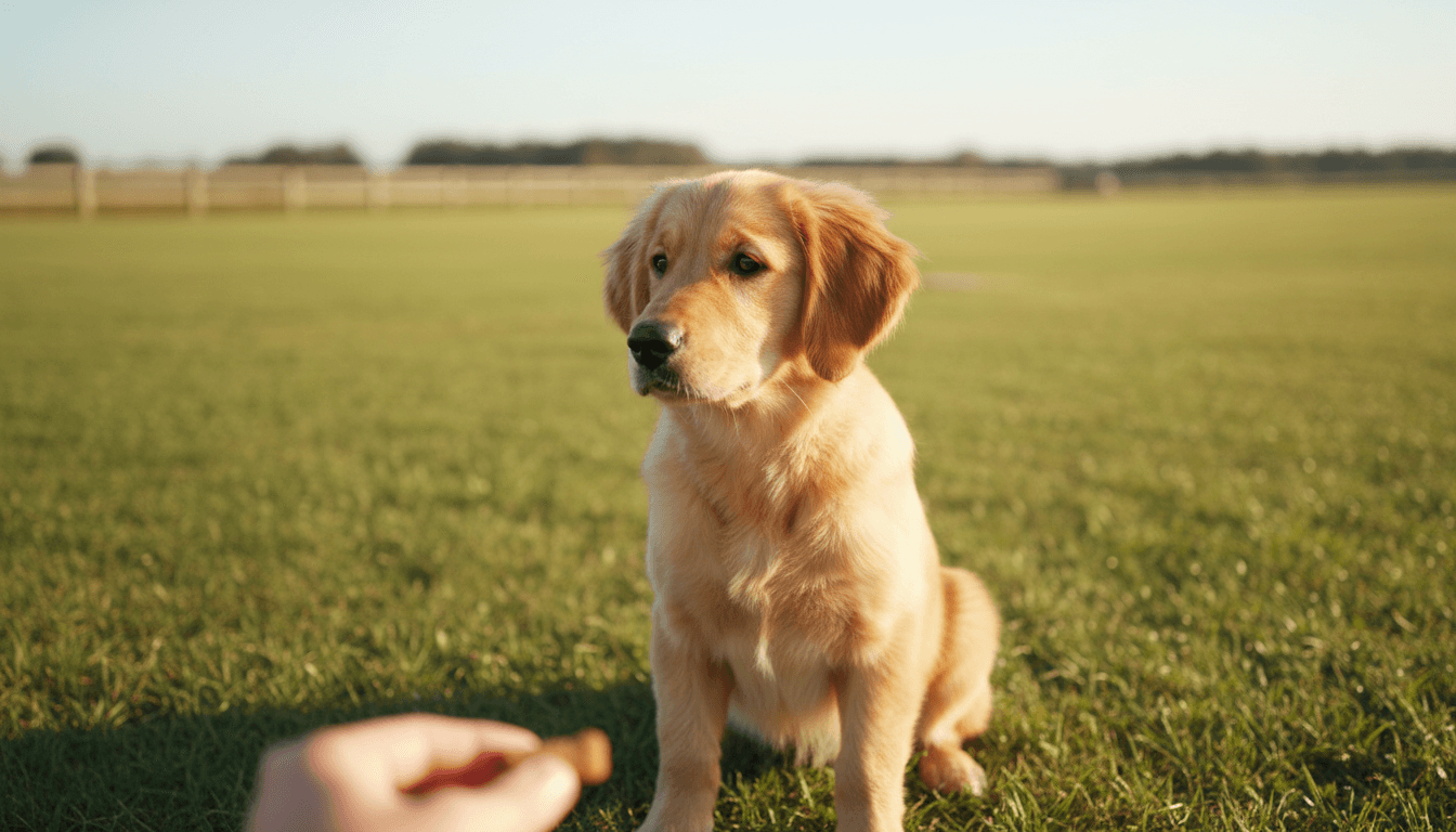 Golden retriever puppy sitting attentively on grass during outdoor training session