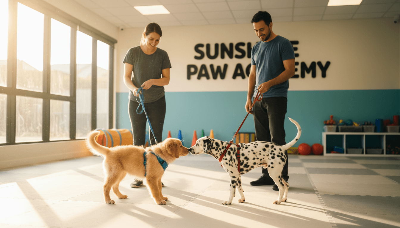 Professional trainer supervising multiple puppies playing and socializing together in bright, modern training facility