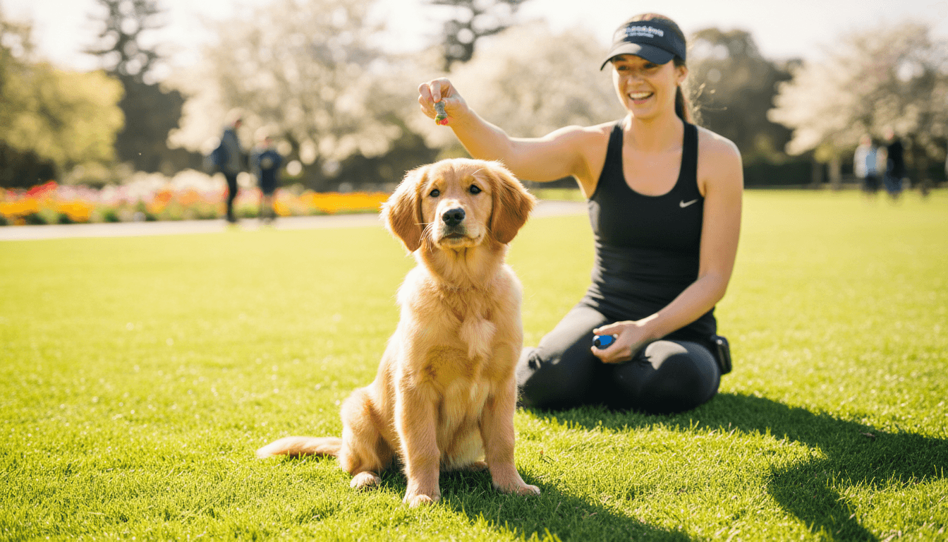 Golden retriever puppy on grass during outdoor training with trainer in the background